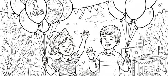 Раскраска «С 1 мая: Дети с шариками»