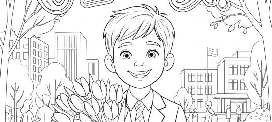 Раскраска «С 1 мая: Мальчик с букетом тюльпанов»