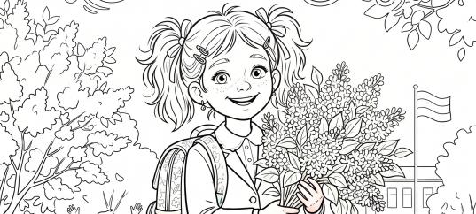 Раскраска «С 1 мая: Девочка с букетом сирени»