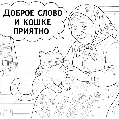 Раскраска по русской пословице: Доброе слово и кошке приятно