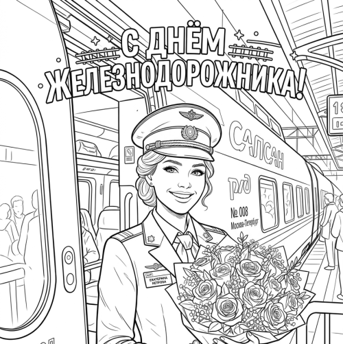 Раскраска на День железнодорожника: Проводница с букетом роз