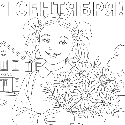 Раскраска к 1 сентября: Девочка с букетом у школы