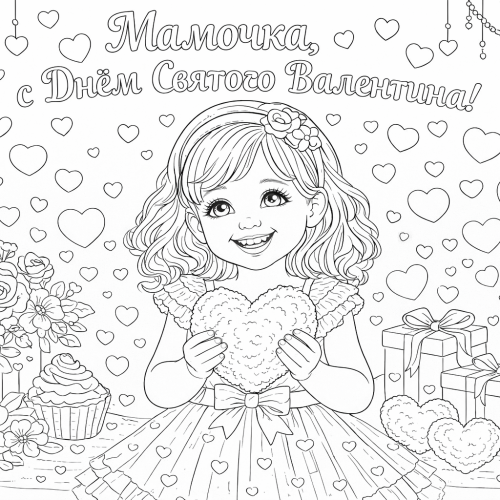 Раскраска: С Днём Святого Валентина для мамы  —  девочка с сердечком