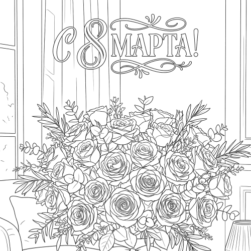 Раскраска «С 8 марта: Букет роз»