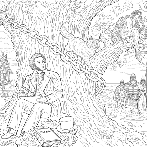 Раскраска-иллюстрация «У лукоморья дуб зелёный...» (Пушкин)