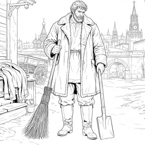 Раскраска к рассказу Тургенева «Муму»: Герасим становится дворником