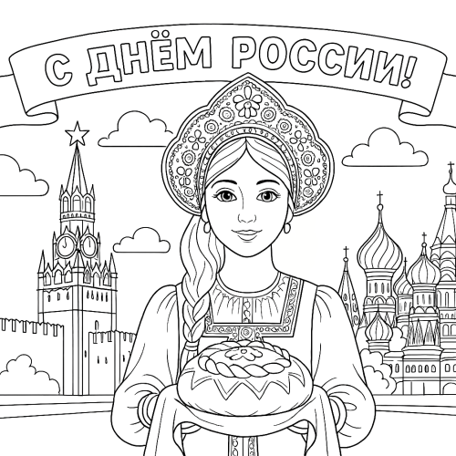 Раскраска на День России: Девушка в кокошнике и с караваем на Красной площади