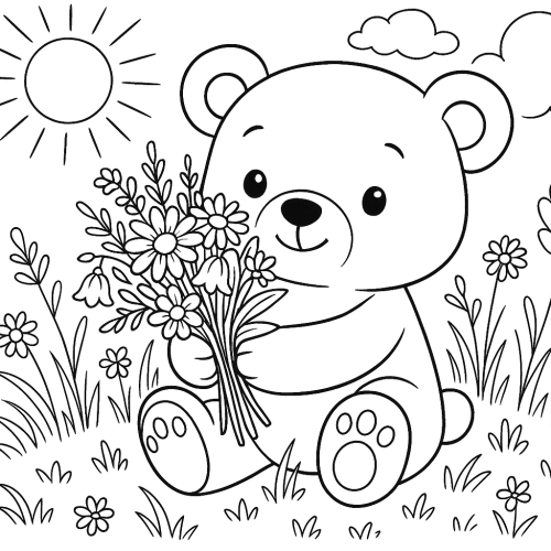 Раскраска: Мишка с цветами (для детей 3-5 лет)