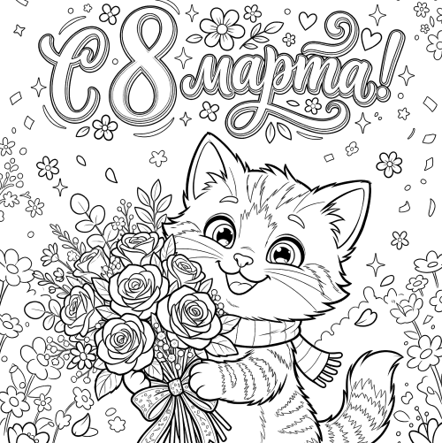 Раскраска «С 8 марта: Весёлый котёнок»