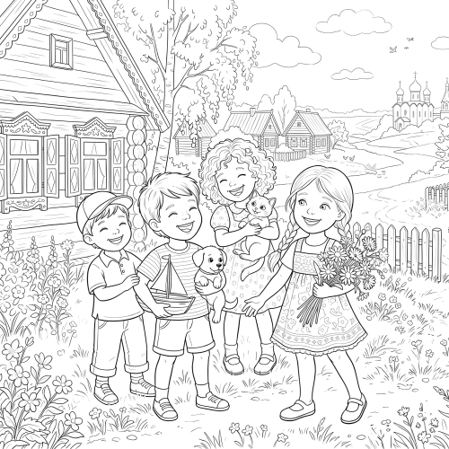 Раскраска: Летние каникулы в деревне