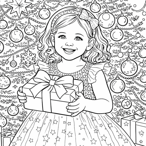 Раскраска «Новый год: Девочка с подарком»