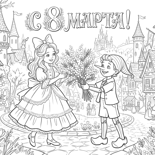 Раскраска «С 8 марта: Девочка с голубыми волосами»