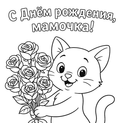 Открытка для раскрашивания на День рождения мамы: Котёнок с букетом роз