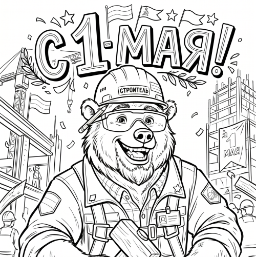 Раскраска «С 1 мая: Медведь-строитель»