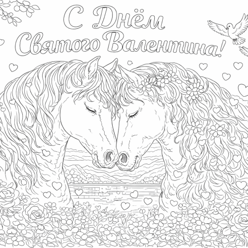 Раскраска «С Днем Святого Валентина: Лошади»