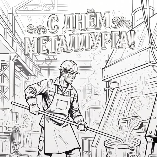 Раскраска-открытка: С Днём металлурга! Металлург у печи