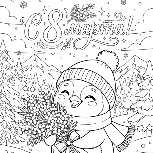 Раскраска «С 8 марта: Пингвинёнок с букетом»