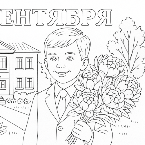 Раскраски к 1 сентября (День знаний): Мальчик с цветами у школы