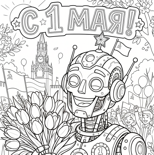 Раскраска «С 1 мая: Робот с букетом цветов»