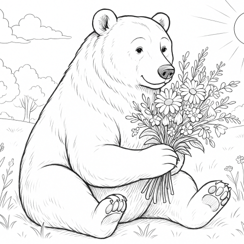 Раскраска: Медведь с цветами (для детей 7-8 лет)