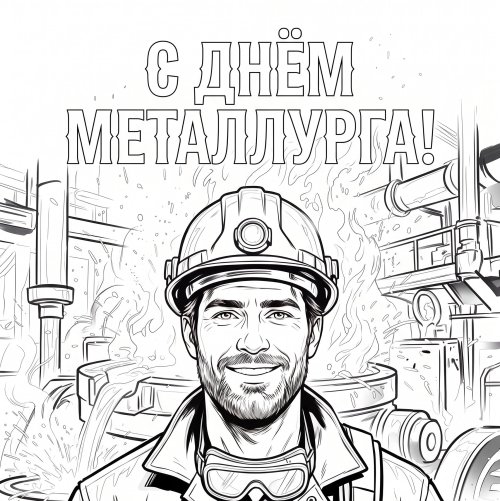 Раскраска-открытка: С Днём металлурга! Металлург на заводе
