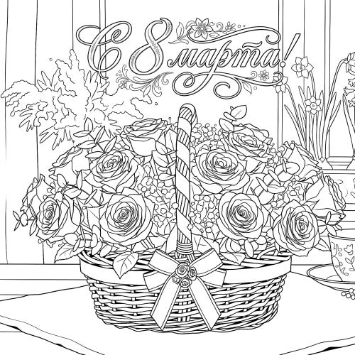 Раскраска «С 8 марта: Корзина роз»