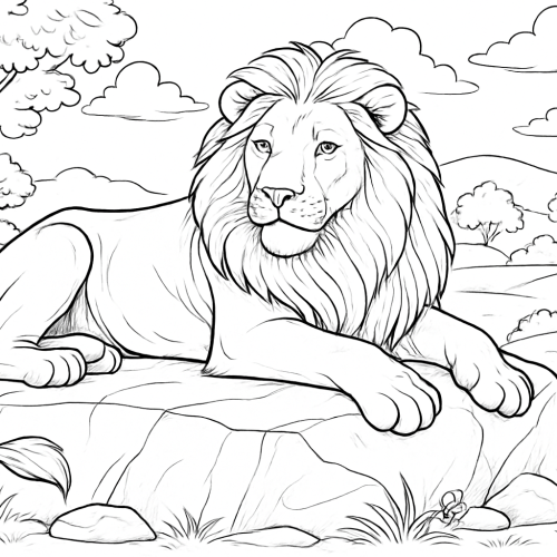 Раскраска: Лев на камне в саванне