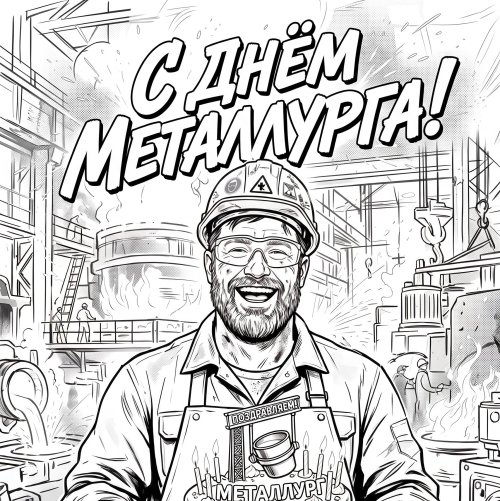 Раскраска-открытка: С Днём металлурга! Металлург с тортом